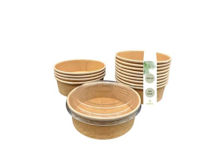 DeinPack 300 Salatschale to go mit Deckel 500 ml braun Recycelbare Schalen, Kraftkarton Verpackung mit Innenbeschichtung, rPET Deckel wiederverwendbar