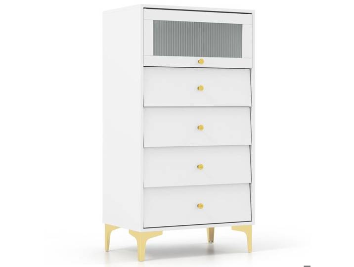 GOPLUS Commode avec 4 Tiroirs 60x40x112 5CM avec Placard à Porte en Verre et Tiroirs Coulissants-Pieds Métalliques Dorés Blanc