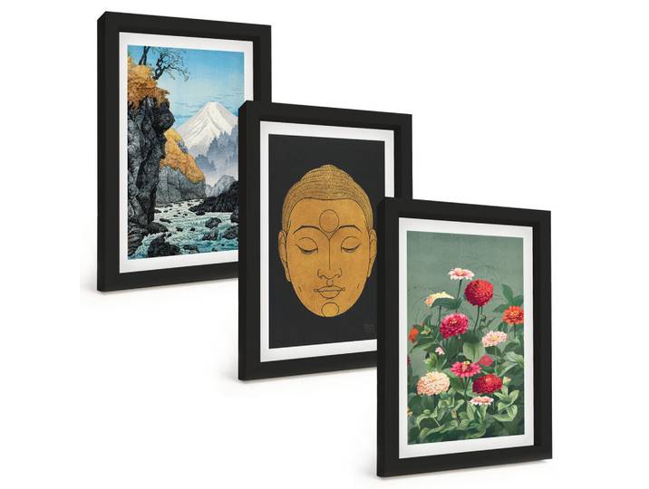 Tulup Bilder SET 3er Set - 20x30 cm Schwarzer Rahmen - Japanische Natur, Japandi-Kultur, Kunststoff, Rechteckig, 20x30 cm, einfache und schnelle Anbringung, Bilder & Rahmen, Bilder