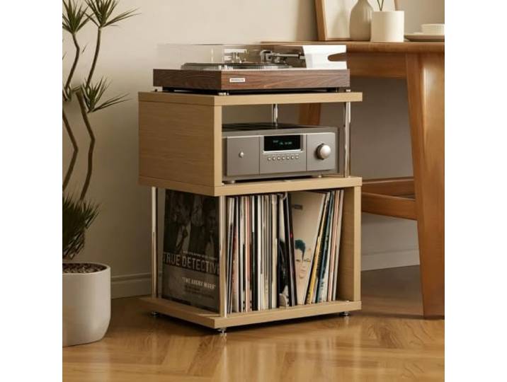 LEUBDIBR Audio-Rack mit verstellbaren Regalböden für Medienaufbewahrung Metallrahmen, verstellbare Böden, stoßdämpfend, Schallplattenaufbewahrung(Oak,19.7x15.7x24in)