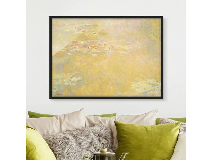 Tableau Monet, le bassin aux Nymphéas Papier Cadre : placage en bois véritable Pin Jaune 100 x 70cm