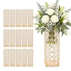 VEVOR 16 Stk. Hochzeitsvasen Tafelaufsatz Blumenvasen für Hochzeit 26 cm Hoch,  Metall Tafelaufsatz Vasen mit Blumenständern, Kristall Zylindervase für Hochzeiten Party Jubiläumsfeier Zeremonie, Gold