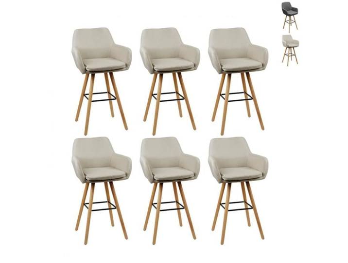 HSTURYZ Tabourets de Bar Lot de 6 en Tissu de Lin avec Dossier et Accoudoirs Pieds en Bois Chaises Hautes 64cm Beige