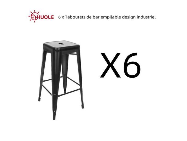Lot de 6 tabourets de bar empilables design industriel en métal fer noir H 76 cm - HUOLE