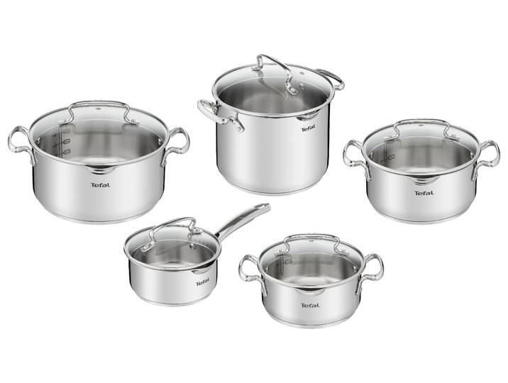 Topf-Set TEFAL Duetto+, Kochtopf Set mit Glasdeckel , silber (edelstahl), Töpfe, Abgießdeckel, integrierte Messskala, induktionsgeeignet, rostfrei