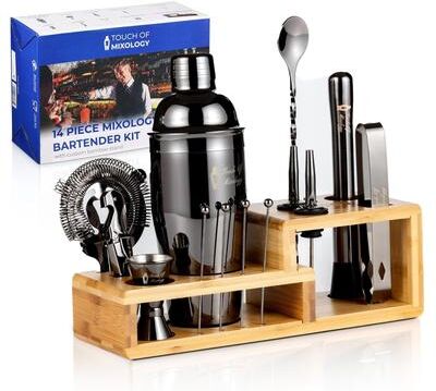 Touch of Mixology 14-Piece Dark Metallic Bartender Kit with Bamboo Stand - N/A