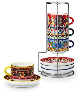 vancasso LUMI 4-Piece Porcelain Stackable Cup and Saucer Set with Metal Rack