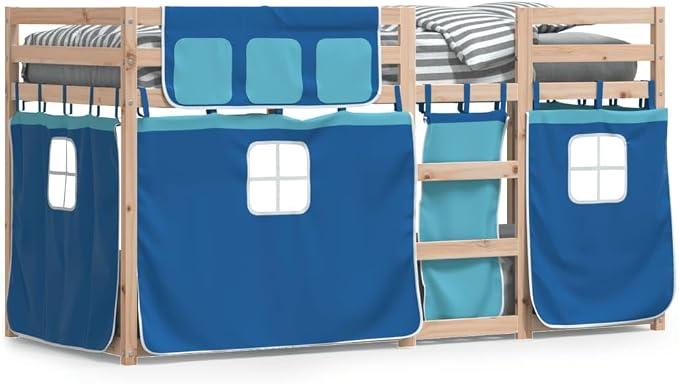 Kinder Hochbett 80x200 Etagenbett 2 Kinder Etagenbett 2 Personen Hochbett 80x200 Kinderhochbett mit Vorhängen Massivholz Kiefer Blau 80x200 cm