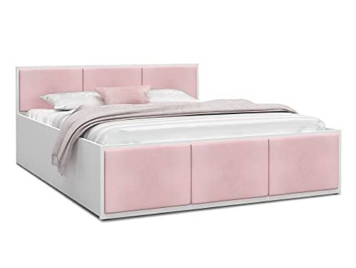 FurnitureByJDM Bett 160x200 mit Stauraum & Gepolsterte Einsätze Doppelbett mit Bettkasten und aufklappbarem Lattenrost – Stauraumbett mit Liftfunktion PANAMA (Weiß/Rosa Einsätze)