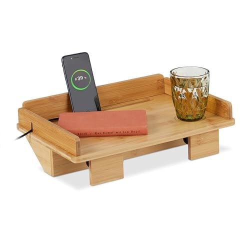 Relaxdays Bedplank van Bamboe met Tablethouder en Kabelgeleider, Bruin, H 11 x B 38 x D 26 cm