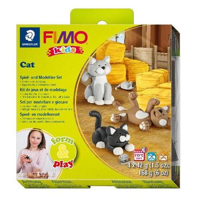 STAEDTLER FIMO kids 8034, ofenhärtende Modelliermasse, Set Cat mit 4 Blöcken 42 g, Modellierstab