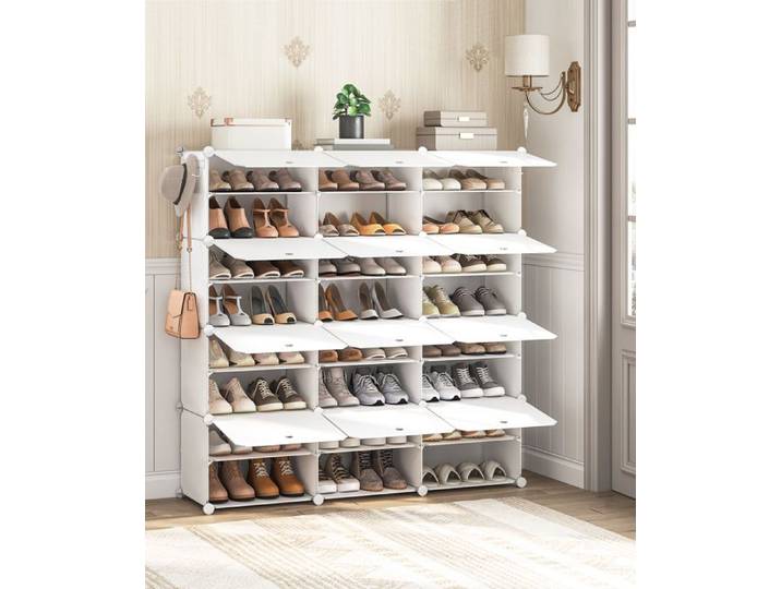 HOOBRO Étagère à Chaussures avec 12 Compartiments Boîte à Chaussures Armoire à Chaussures Étagère Modulable en Plastique Blanc