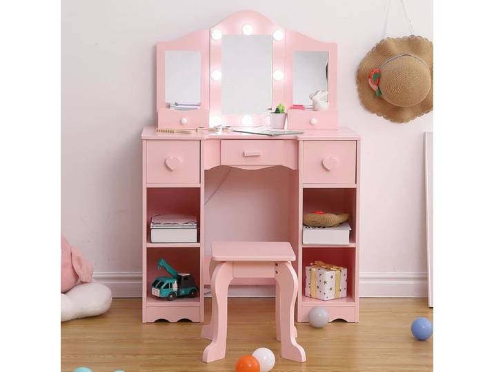 Coiffeuse fille en bois avec 3 miroirs led et tabouret - enfant Rose