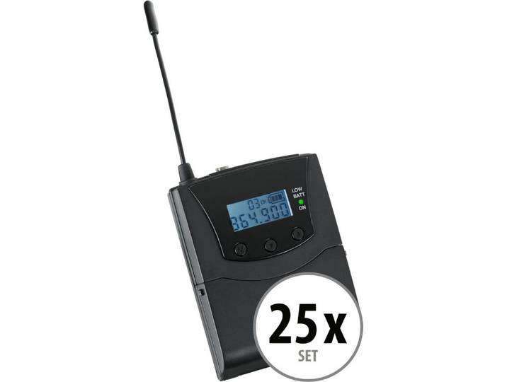 Pronomic SDR-BP30 Bodypack-Empfänger, 25er-Set Funk-Kopfhörer (Zur Verwendung mit jedem handelsüblichen Kopfhörer, keine Sprachsteuerung, UHF Funk, Mit Lautstärkeregler und Kanalwahlschalter)