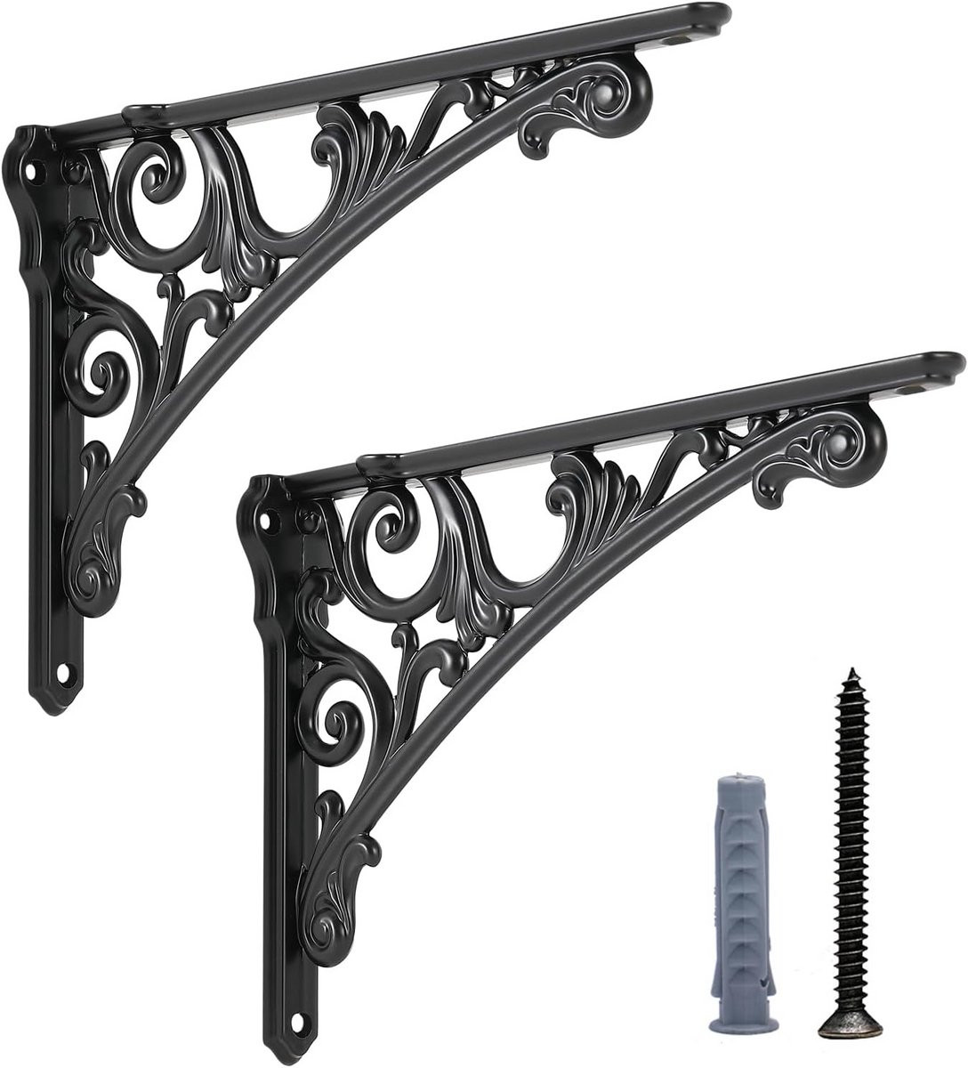 2 Stuks Decoratieve Barok Wandsteunen voor Planken, Zwart, 25 cm