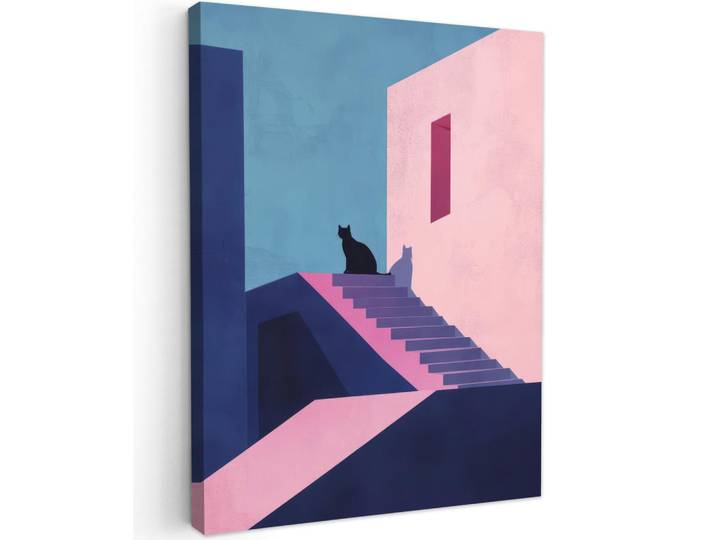 MuchoWow Leinwandbild - Katze - Treppe - Gebäude - Schattenkontraste - 60x80 - Gemälde, Dunkelblau, Textil, Kiefer, Abstrakt, Rechteckig, 60x80 cm, gerahmt, Bilder & Rahmen, Bilder, Wandbilder