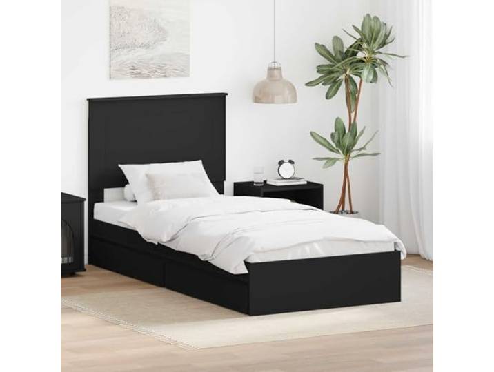 RJPLMFV Aufbewahrungsbett mit Schublade, Schwarz, 90 x 190 cm, Holz Lattenrost, 2 integrierte Schubladen, modernes Design, einfache Reinigung
