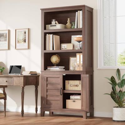 Garvee 71in Farmhouse Tall Bookcase,5 Tier Bookshelf with Doors And Adjustable Shelf,Wooden Narrow Storage Cabinet
