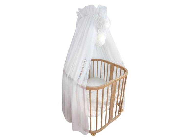 KOELL Baldachin Kinderzimmer – Betthimmel mit Pompons, Zur Befestigung am Babybett, Metallgestell mit Hülle, Handgenäht, Oeko-Tex Tüll, Creme