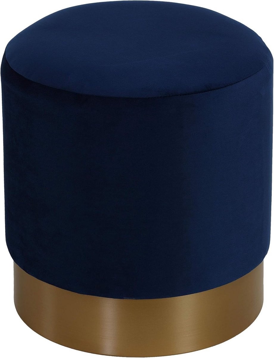 Luxe Ronde Fluwelen Poef met Gouden Sokkel in Donkerblauw