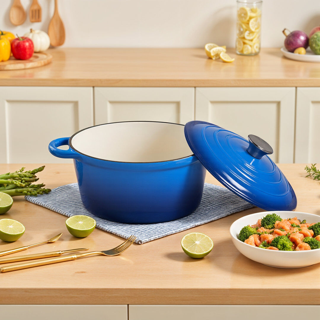 Living And Home Cast Iron Round Dutch Oven Blue 5 litres