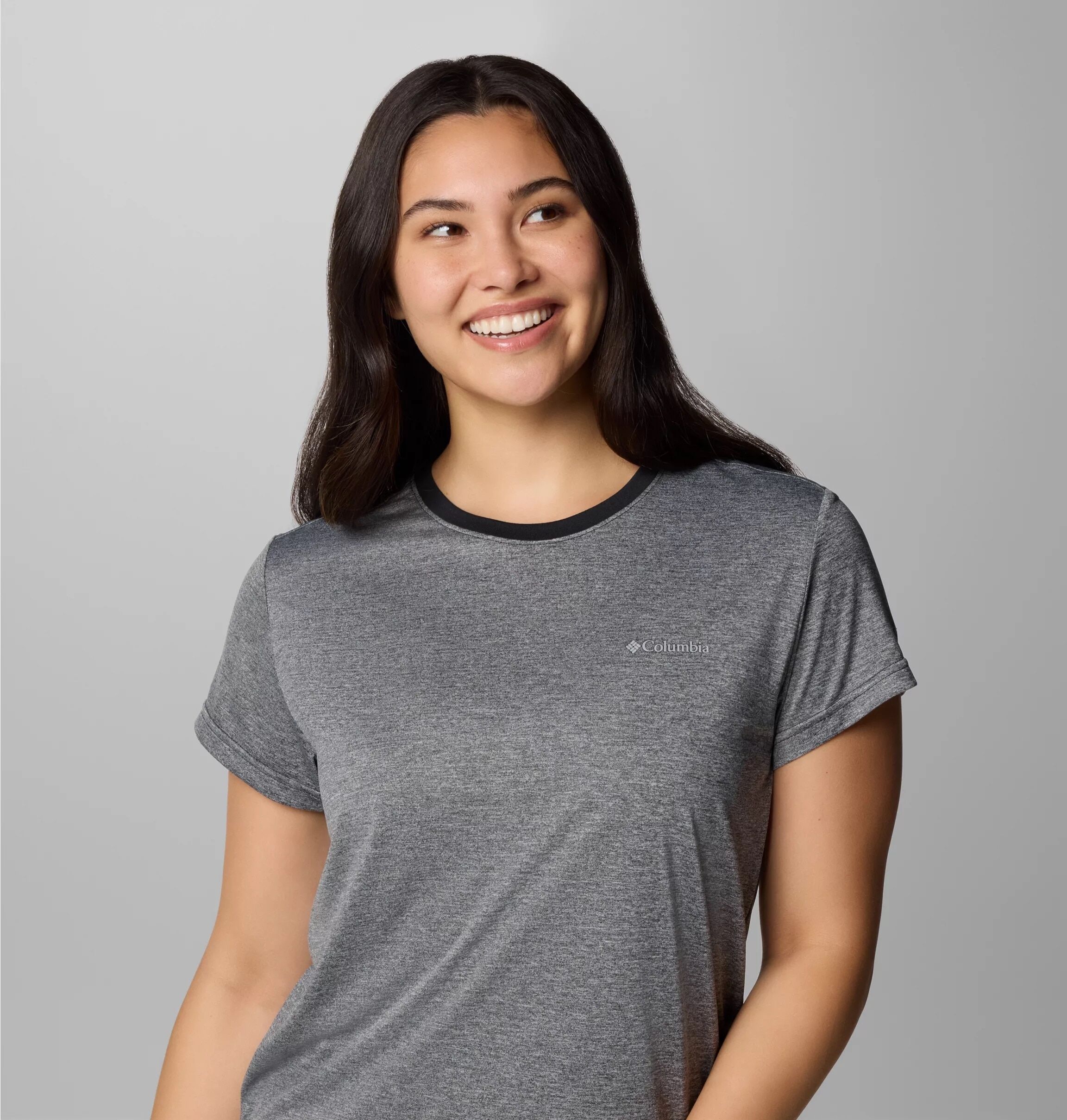 Funktionsshirt COLUMBIA, Damen, Gr. XS (32), grau (schwarz heather), Obermaterial: 100% Polyester, Shirts Funktionsshirt, Kurzarm-Design, sportliche Passform, aus Polyester schwarz heather XS (32)