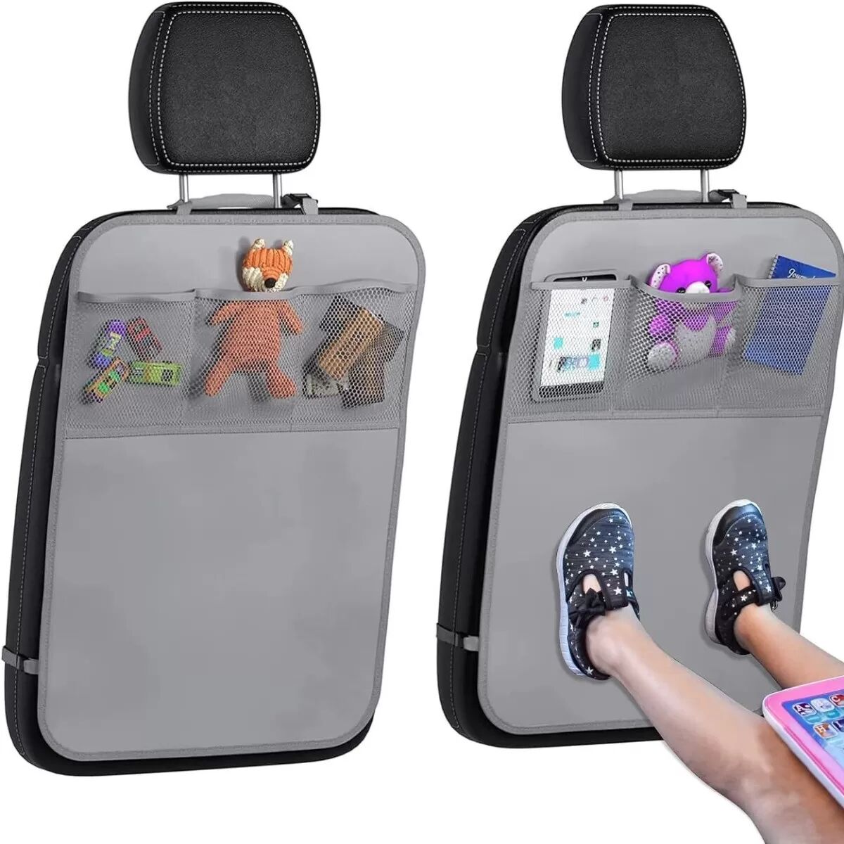INF Rücksitz-Kick-Matte mit 3 Taschen – Universeller Polyester-Sitzschutz für Kinder und Haustiere Grau