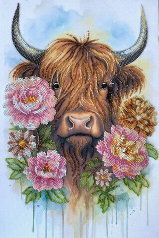 Perlen-Stickbild "Highland Rind", 26 x 39 cm