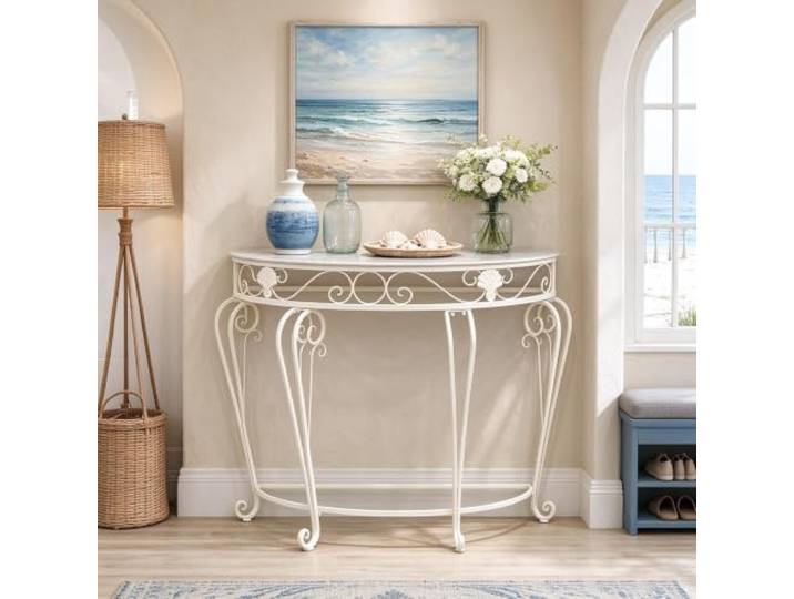 Moderner Halbmond Akzenttisch Flur Konsole Kleine Halbrunde Sofatisch Für Schlafzimmer Wohnzimmer Flur Eingang Schickes Metallgestell Möbel(White,L80cm/31.4in)