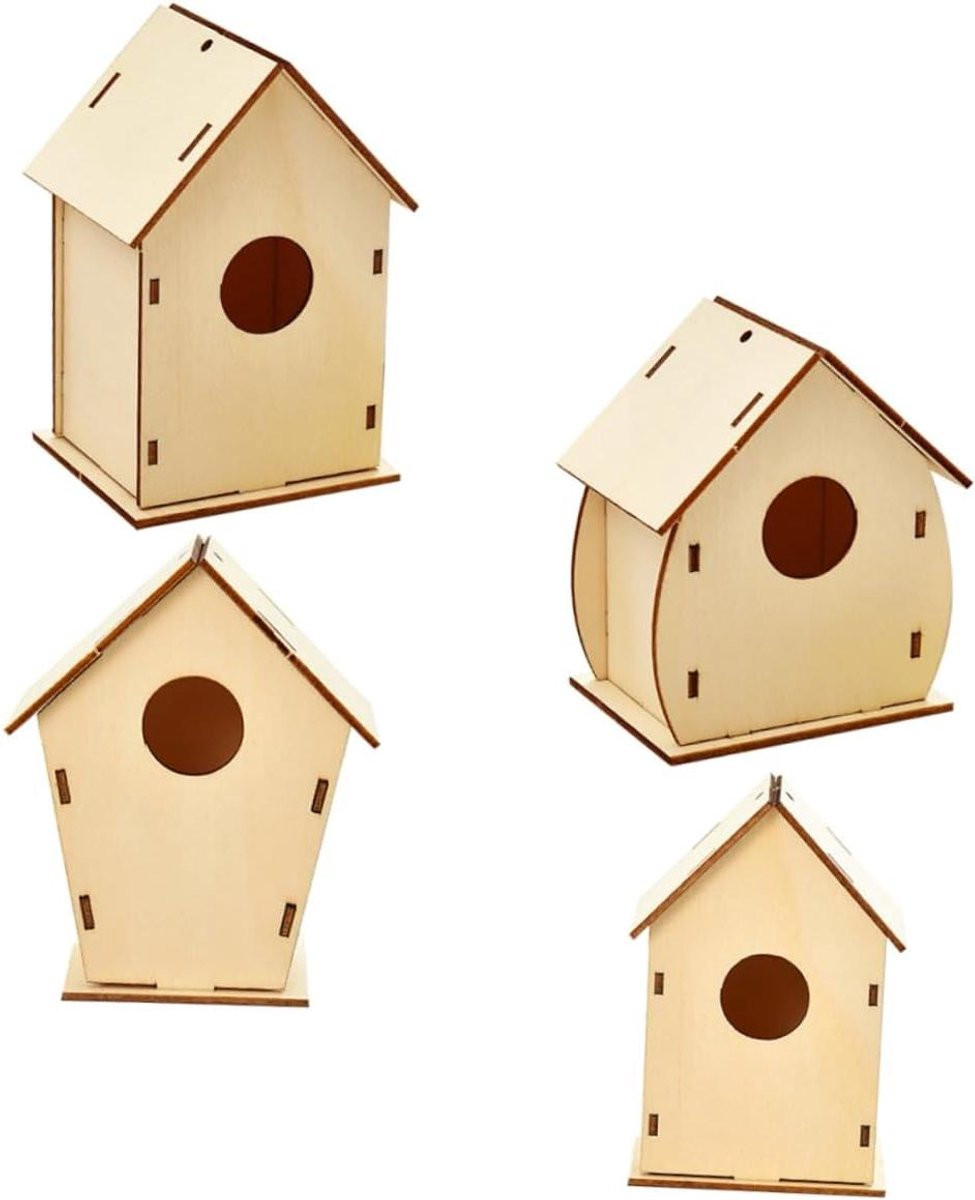 Set van 4 Houten Huisjes Miniatuur Villa's voor Kerstdecoratie en DIY Schilderen - Houtkleur