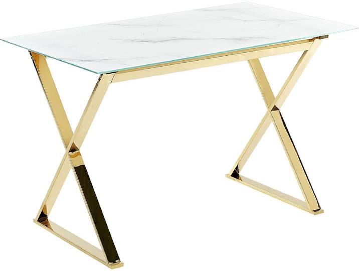 BELIANI Esstisch Marmor-Effekt und Gold temperiertes Glas und Metallbeine glänzende Oberfläche 120 x 70 cm Rechteckig