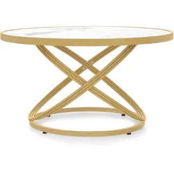 M MCombo Couchtisch Rund Holz, Moderner Sofatisch, Kleiner Beistelltisch Metall, Kaffeetisch für Wohnzimmer, Schönheitssalon, Wohnzimmertisch Marmor-Weiß Gold, 80x80x45cm, 2175