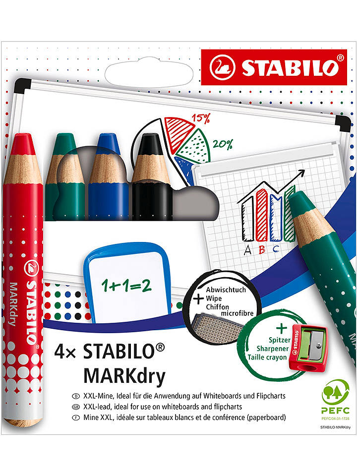 STABILO Whiteboard- & Flipchartmarker "MARKdry" - 4 Stück+Zubehör - onesize