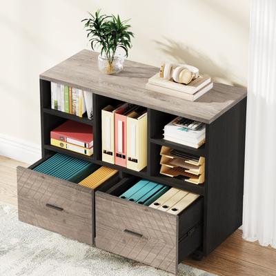 Lee 2-Drawer Wood File Cabinet with Open Shelves, Mobile Lateral Filing Cabinet for Hanging Letter Size Files