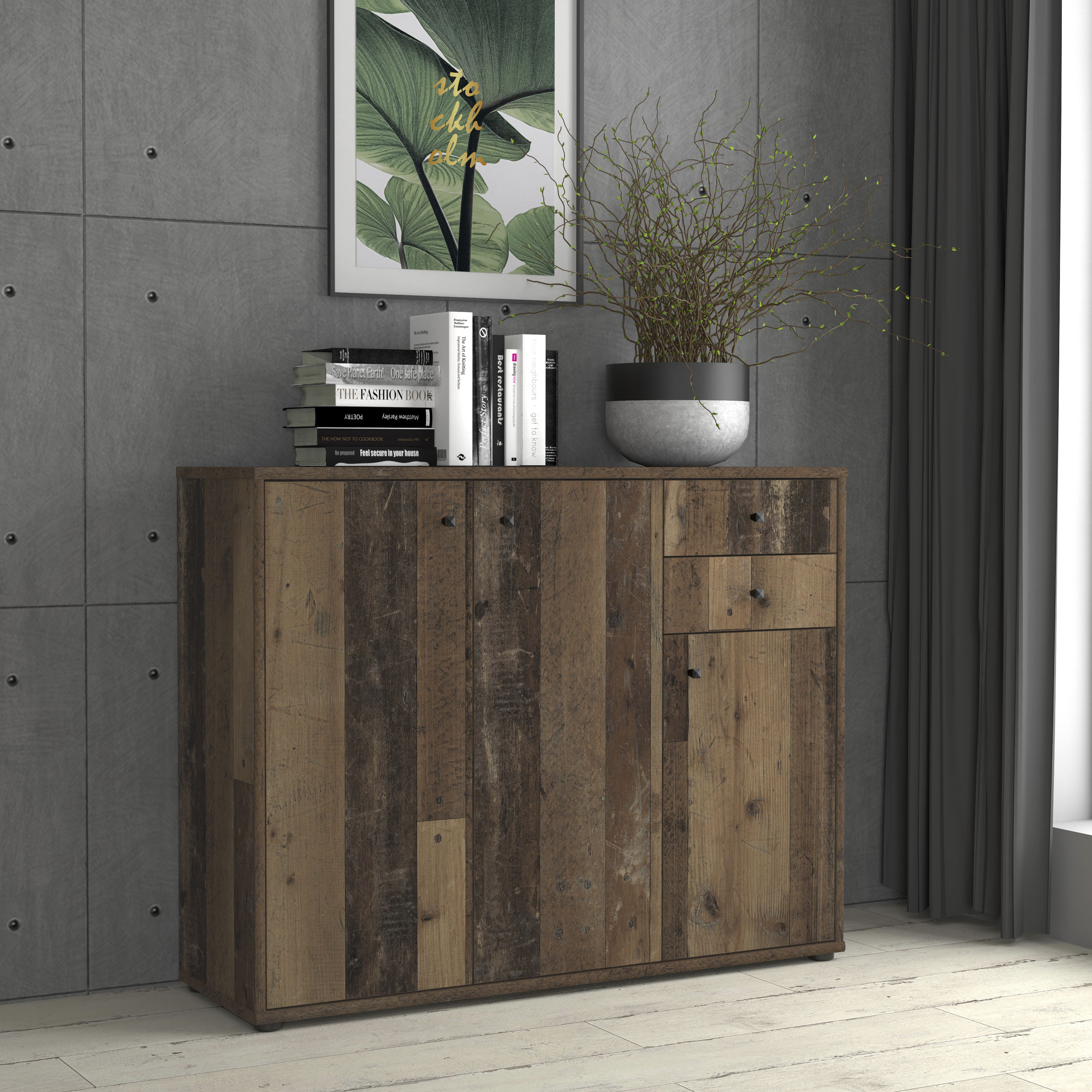 Kommode FORTE "Tempra, Kommode, 3 Türen, 2 Schubkästen, viel Stauraum", braun (old wood vintage), B:108,8cm H:85,5cm T:34,8cm, Sideboards, Kommode, Breite 108,8 cm old wood vintage B/H/T: 108,8cm x 85,5cm x 34,8cm, 2 Stk., 3 Stk.