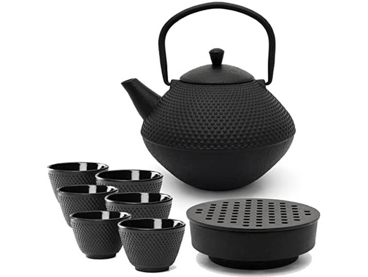 Bredemeijer Asia Gusseisen Teekanne Set 1.0 Liter mit Edelstahl Tee-Filter Sieb-Einsatz - Teewärmer & 6 Becher (Tassen) - 8-teiliges Teeset für losen Tee