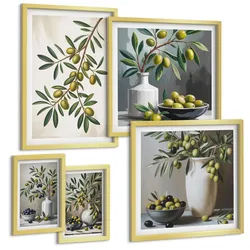 BILDER SET 5er Set - 50x50 cm & 20x30 cm & 40x60 cm Goldrahmen - Oliven in grauen Vasen