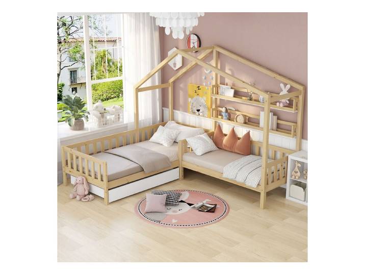 SeedWave Hausbett Kinderbett mit Schubladen und Regalen,Zwei Betten(200x90cm/140x70cm), Dachkonstruktion,Eck-L-förmiges Bett Design,Massivholzrahmen