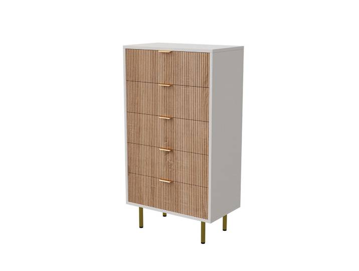 Shopentra Kommode Weiß-Holzoptik mit 5 Schubladen & goldenen Akzenten, Naturfarben, 34x109.8x60 cm, Kleinmöbel, Kommoden, Kommoden