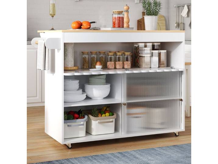 Îlot central cuisine 122x46/69x91 cm plan rabattable portes verre trempé 2 portes porte-serviettes placage chêne MDF blanc