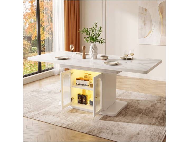 COVREO Table a manger extensible 150-200 cm 6 a 8 personnes avec rangement LED MDF blanc effet marbre