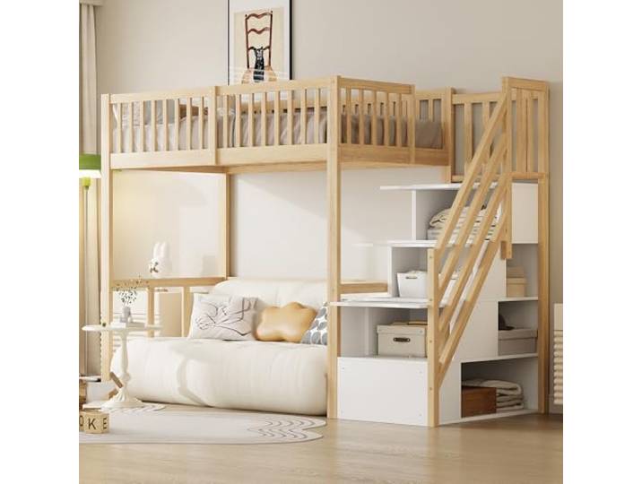 Merax Hochbett 90 x 200 cm, Multifunktionales Kinderbett mit Stauraum Treppe, Holzfarbe und Weiß (Ohne Matratze)