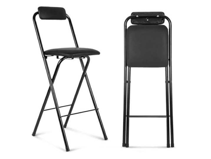 Klappbarer Hocker Stuhl gepolsterter Sitz 26in, 65cm Klappbarer Bar Hocker mit Rückenlehne und Fußlehne, 65cm schwarzer Klappbarer Metallrahmen Küche hoher Stuhl für Café, Bistro,Black