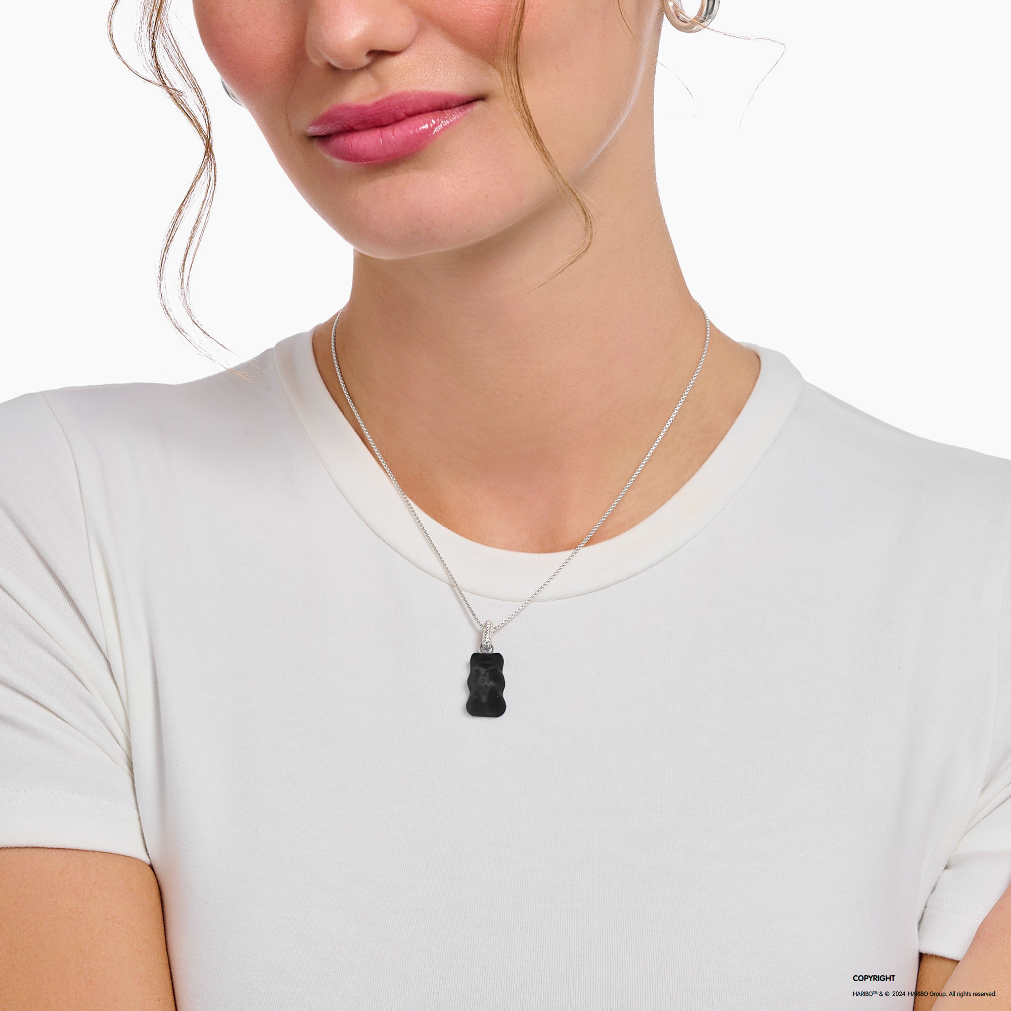 Kettenanhänger THOMAS SABO "THOMAS SABO x HARIBO Schmuck: Großer Anhänger Goldbär", weiß (silberfarben, schwarz, kristallweiß, schwarz, kristallweiß), Schmuckanhänger, Damen, Silber 925 (recycelt), 4,05 g, Kettenanhänger, mit Kristallglas, Zirkonia (synth