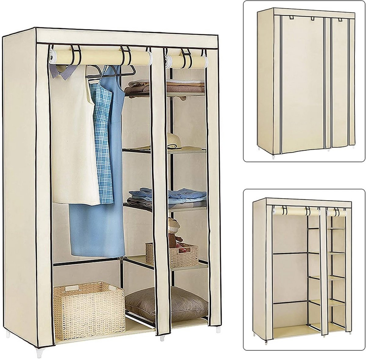 Grote opvouwbare kledingkast met stoffen overtrek en metalen frame voor de slaapkamer of woonkamer