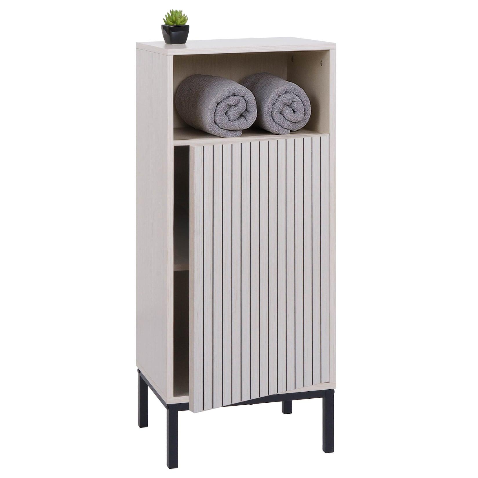 Kommode MCW-O42, Badezimmerkommode Badschrank Schrank mit 1 Tür, 3 Staufächer, MDF Melamin 98x39x30cm ~ Holzoptik beige