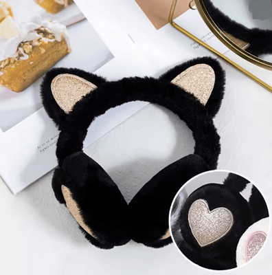 Inspire Essentials Winter Warm Plush Cat Ear Earmuffs For Women Girls And Kids heart Black