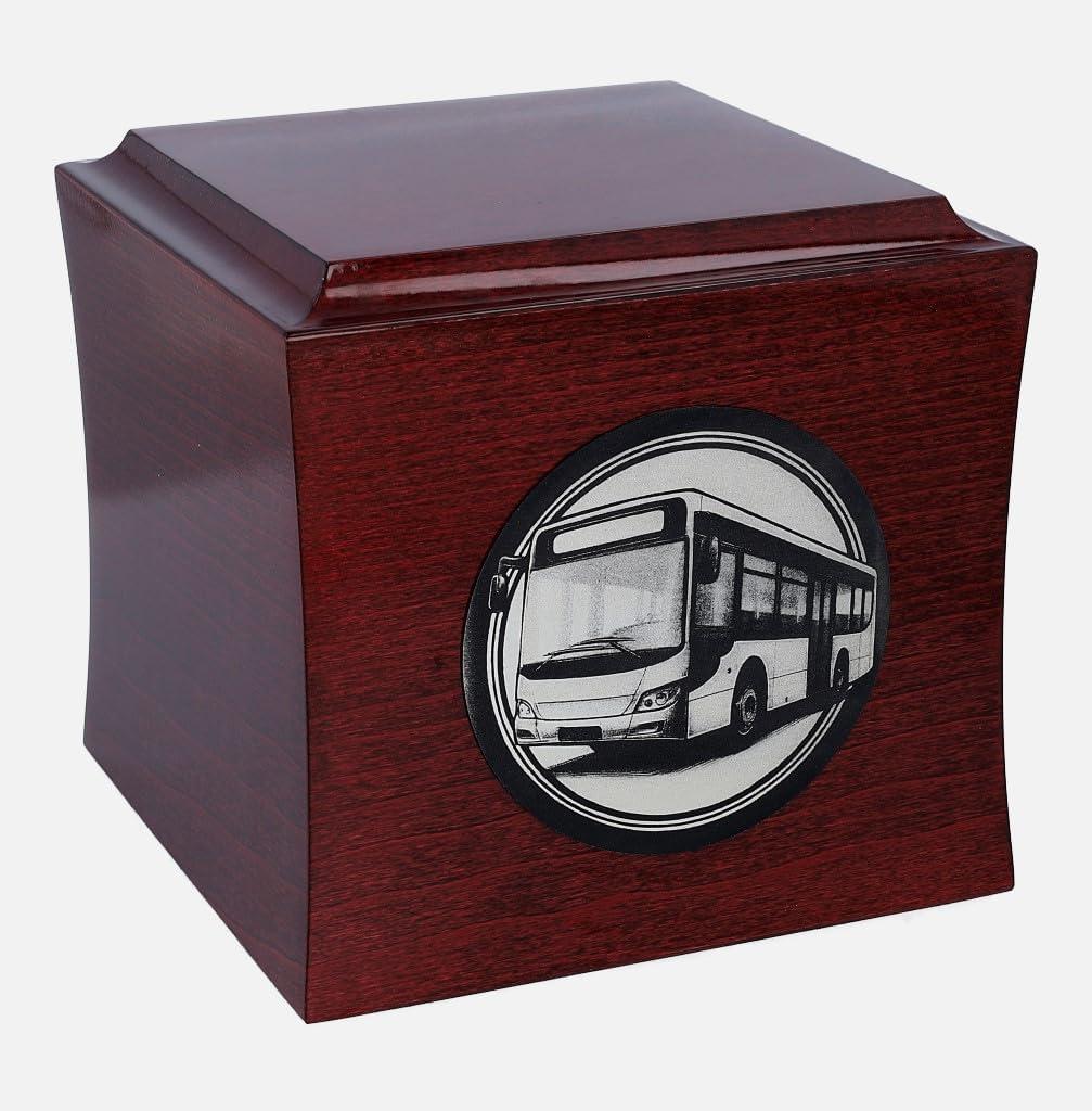 Urne für Busfahrer - Edler Aschekasten aus Mahagoniholz mit Gravur und individuellem Namensschild (Design 2)