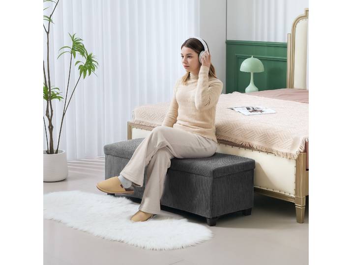 HOMCOM Banquette Rangement 84L Velours Gris 112x42x40cm