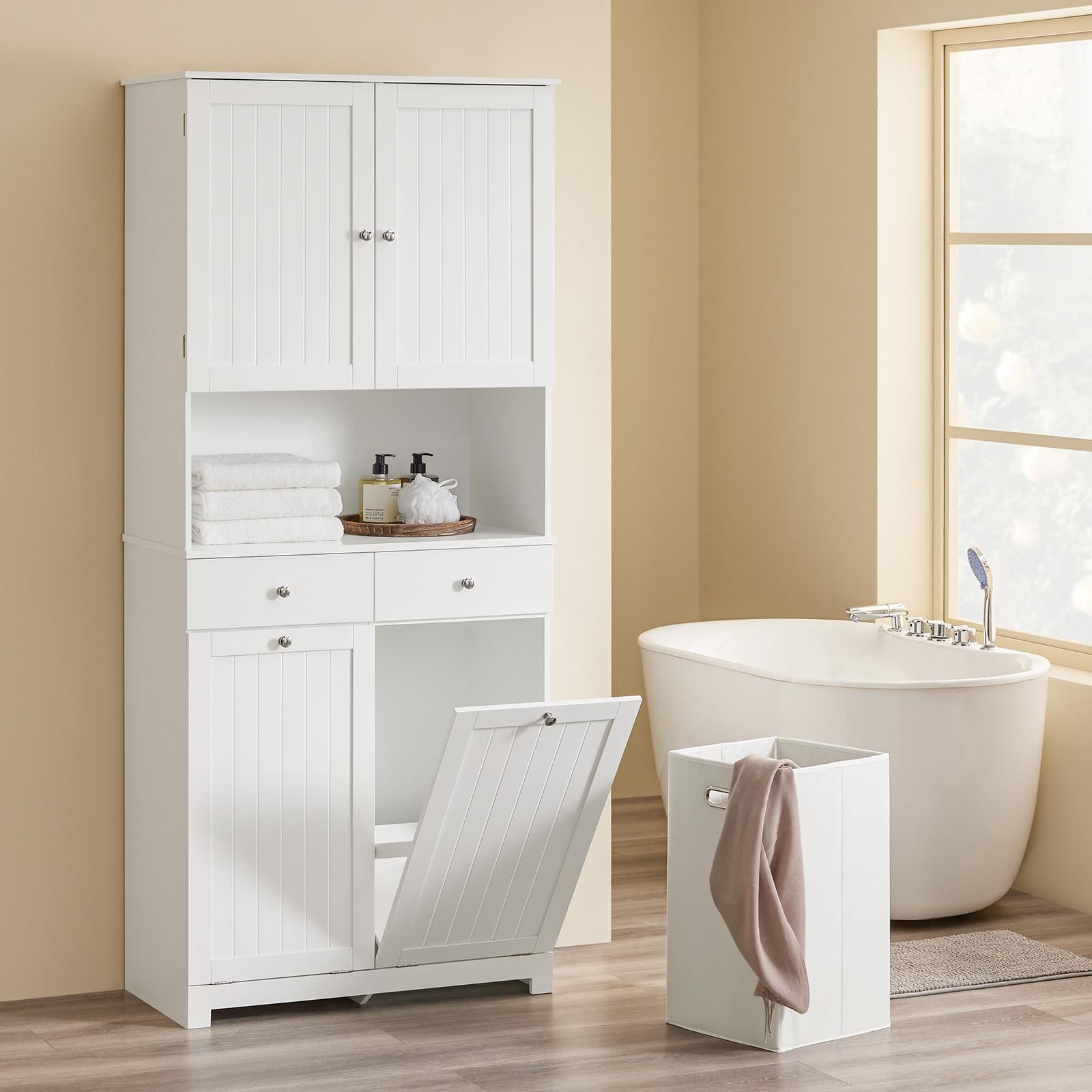 SoBuy Badkamerkast met wasmand en deuren, Wit, Scandinavisch design, Model BZR215-W